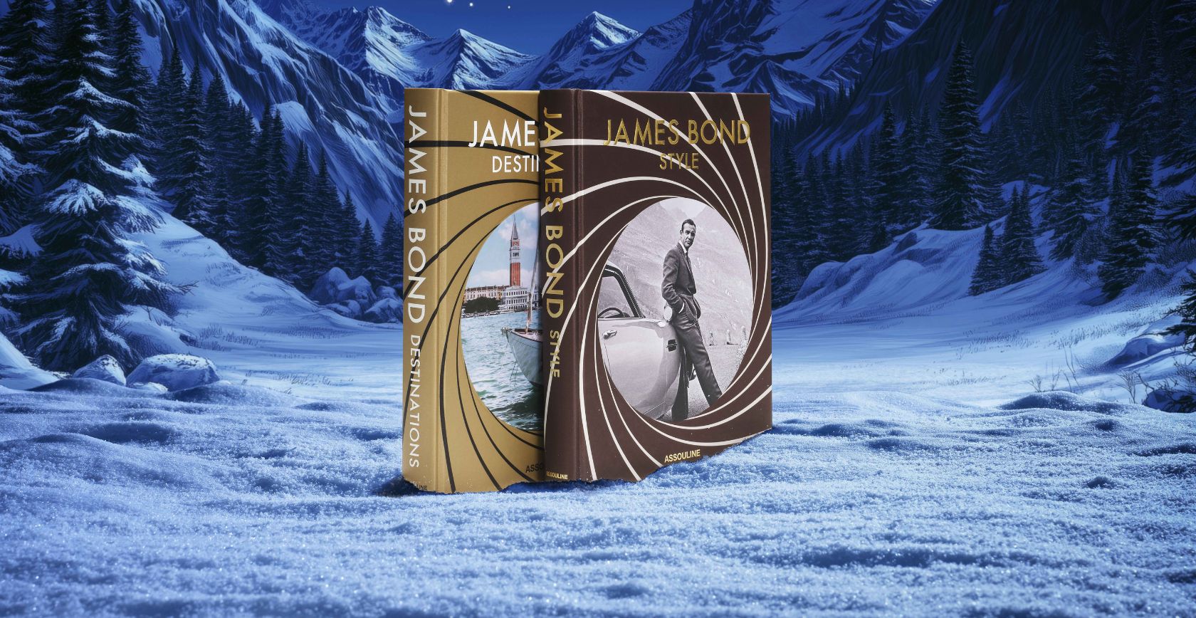 James Bond Gift Set; two books both brown on a blue snowy background