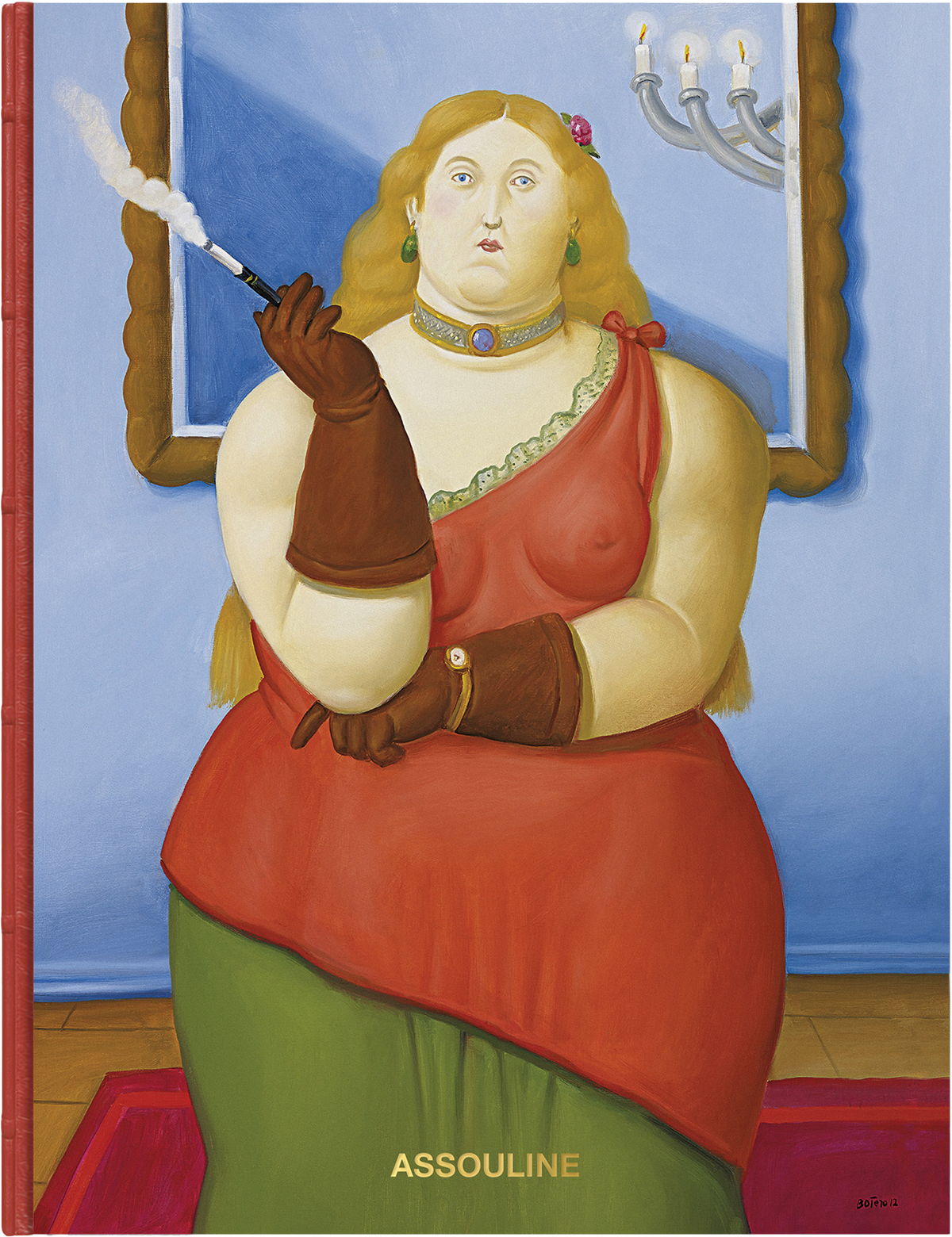 Fernando Botero XXL by Assouline: Detail of the front cover painting, Woman Smoking, 2012 — a voluptuous seated woman with honey-blonde hair and a cigarette, in a red dress, jeweled choker, and long brown leather gloves ,holding a cigarette holder before a blue wall with a gold-framed mirror and candelabra