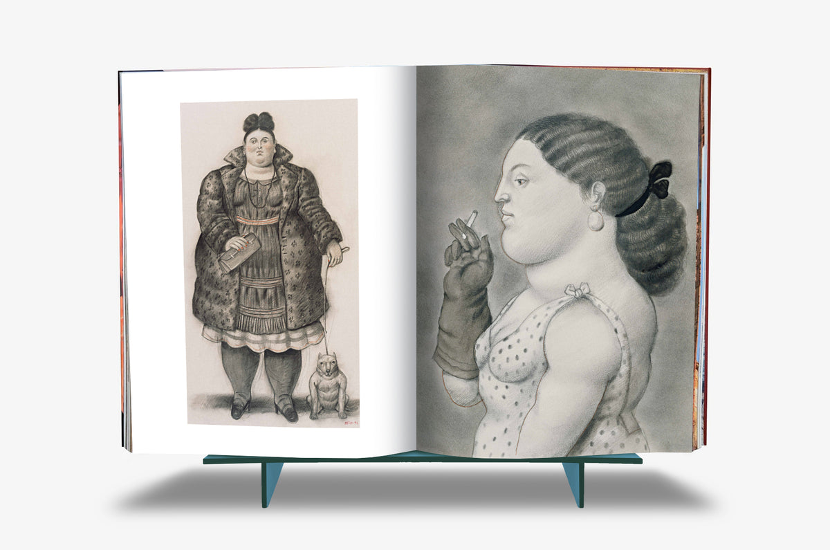 Fernando Botero XXL by Assouline: Book open to two pencil drawings — a standing woman in a fur coat with a small bulldog at her feet on the left page, and a close-up profile of a voluptuous woman in a polka-dot dress touching her lips on the right, both in Botero's masterly draughtsmanship.