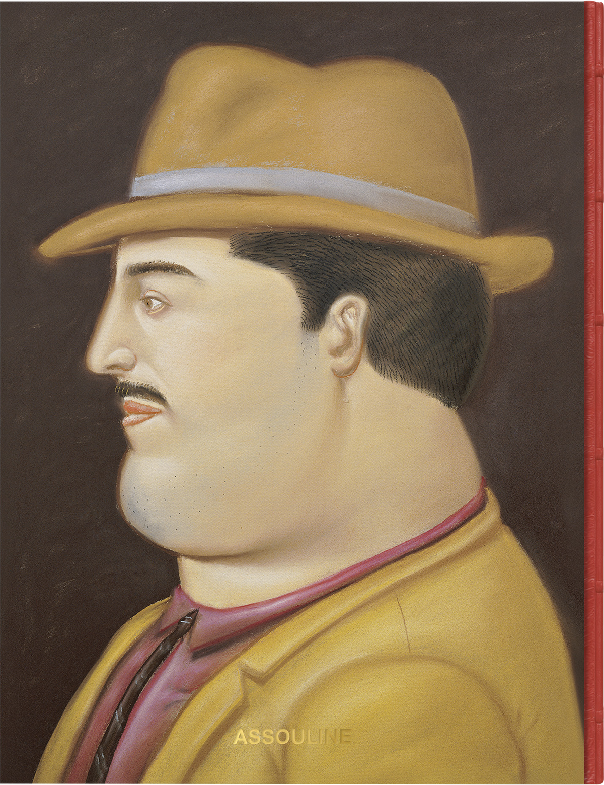 Fernando Botero XXL by Assouline: Detail of the back cover painting, ColombianMan, 1991 — a close-up portrait of a rotund man in three-quarter profile, wearing a tan fedora with grey band, dark mustache, and a yellow jacket with pink shirt, from the Museo de Antioquia, Medellín.