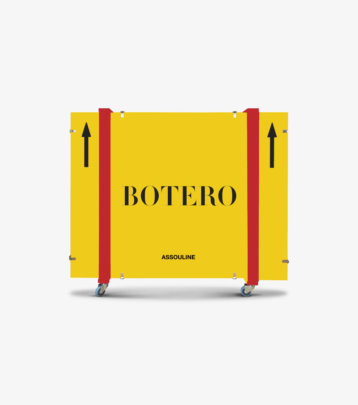 Fernando Botero XXL by Assouline: The edition's bespoke bright yellow travelcrate, bearing "BOTERO" in bold block letters and "ASSOULINE" below, securedwith red nylon straps and metal clasps, mounted on rolling blue casters.