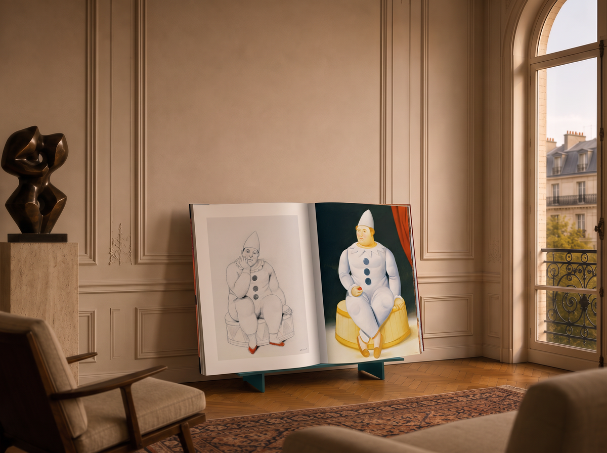 Fernando Botero XXL by Assouline: The volume open on its dark easel stand to aspread of Botero's orchestra scene, set against floor-to-ceiling windows with sheercurtains and a glittering city skyline beyond.